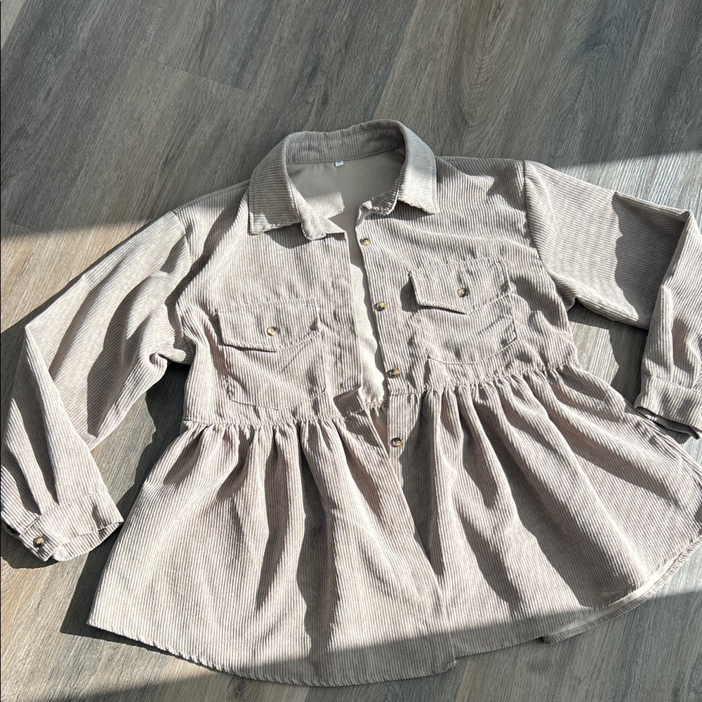 Button-Front Corduroy Peplum Shirt Jacket in Light Taupe